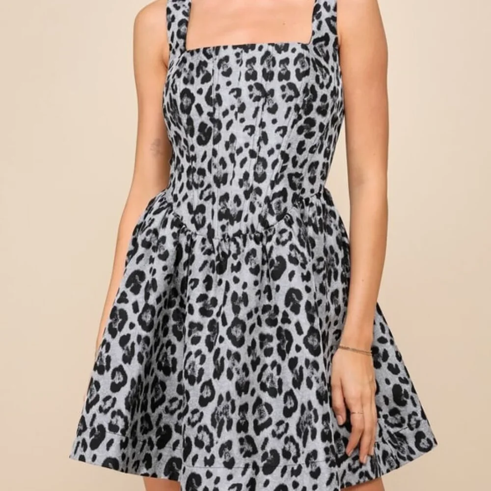 Lulus Untamed Cutie Grey Leopard Jacquard Bustier Mini Dress - Size XS